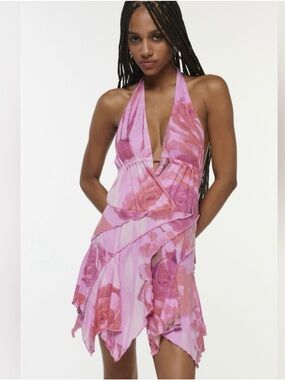 NWT Urban outfitters silence + noise, pink pattern halter mini dress, size s
